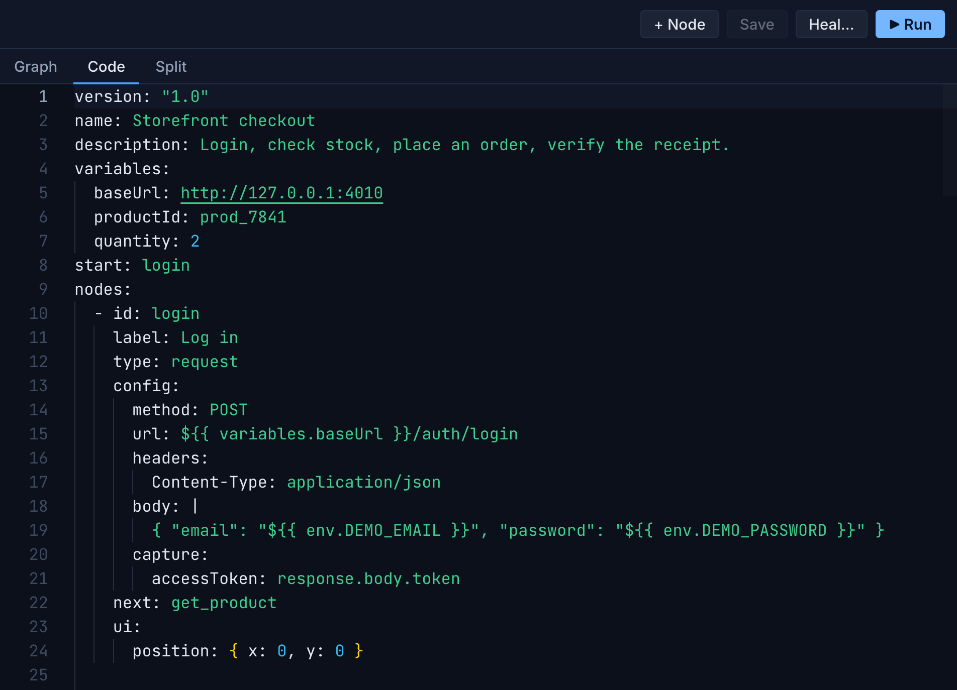 The Code tab in Bandura showing a flow as plain .aether YAML in the editor