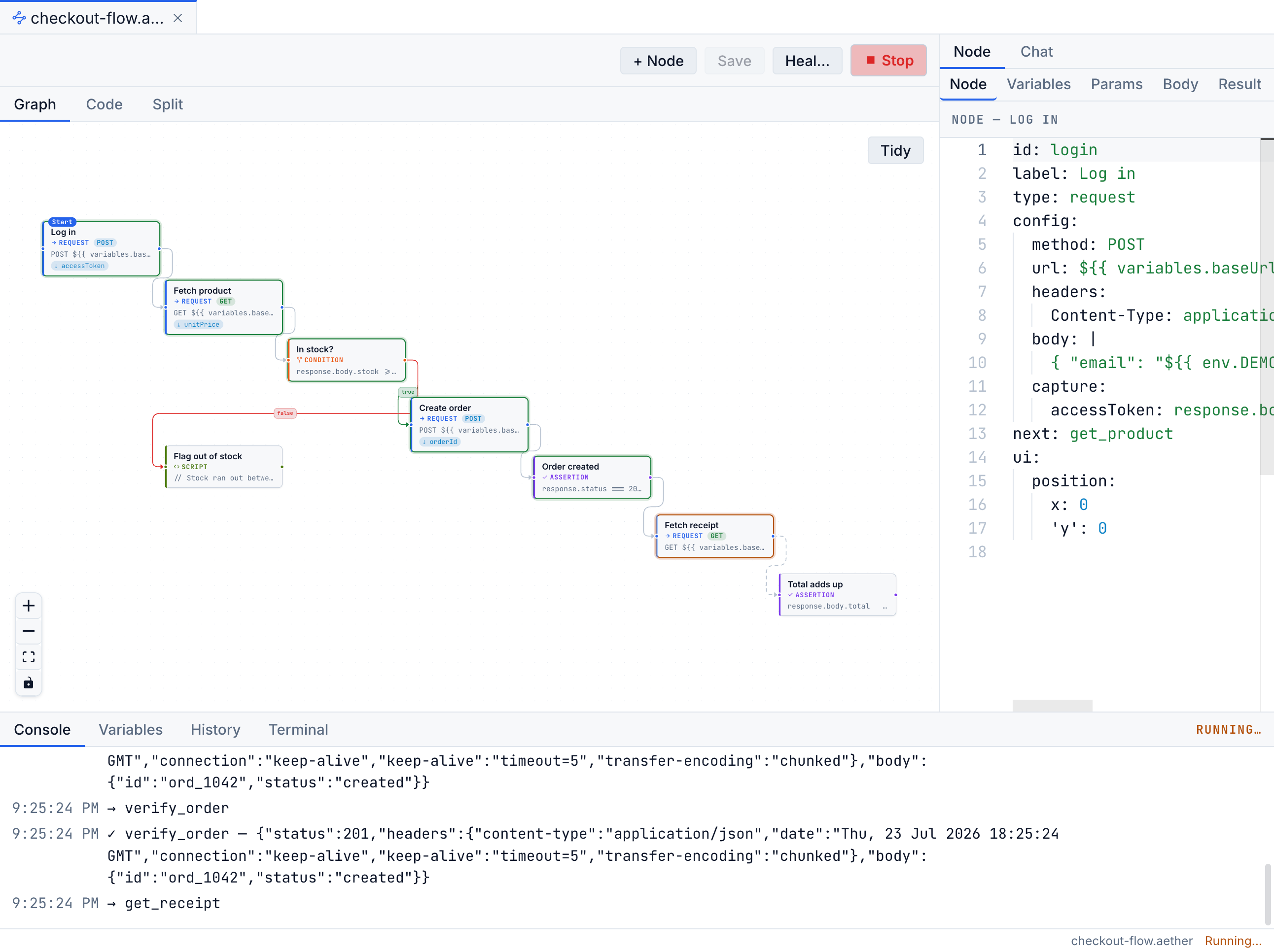 A flow mid-execution in Bandura: nodes with pass/fail state rings and the console panel listing each executed step
