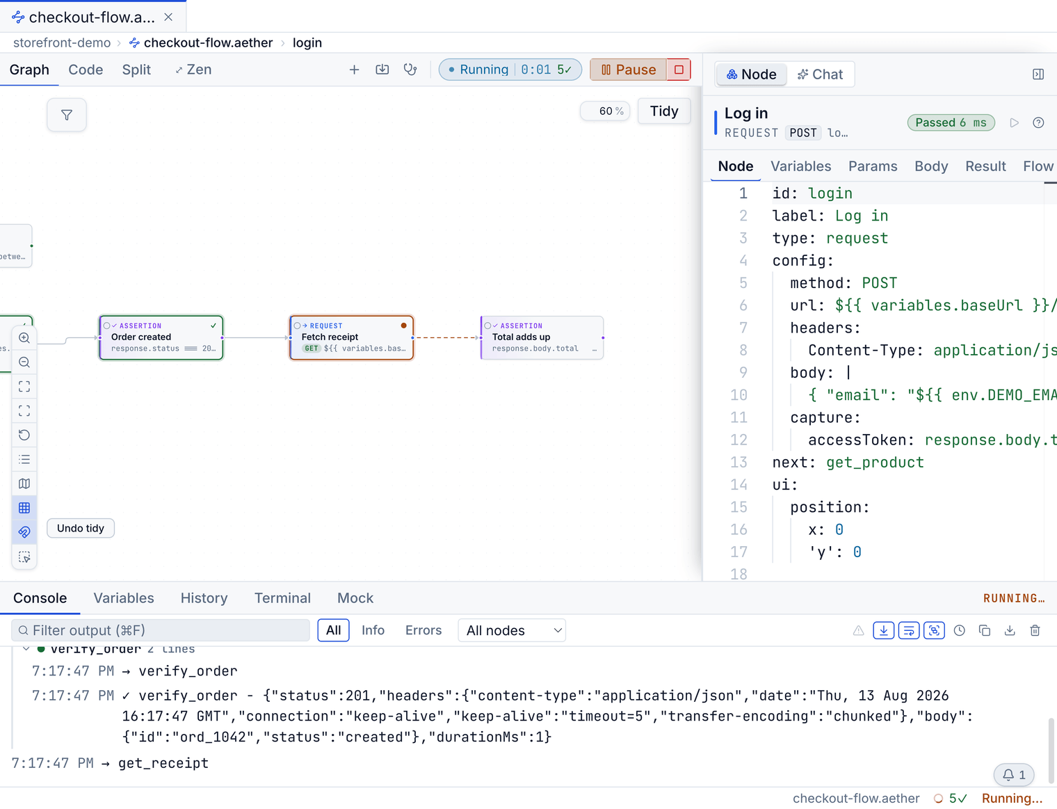 A flow mid-execution in Bandura: nodes with pass/fail state rings and the console panel listing each executed step