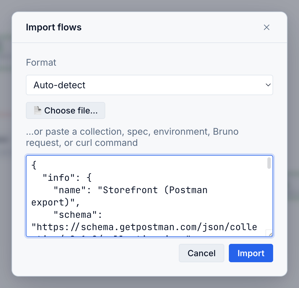 Bandura's import modal with pasted content auto-detected as a Postman collection, ready to convert