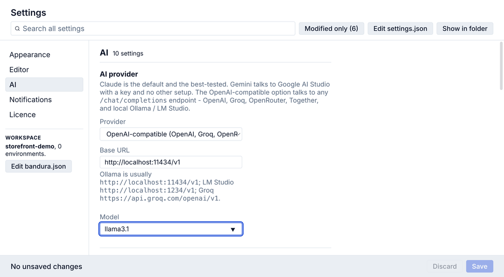 Bandura's Settings page on the AI category: provider set to OpenAI-compatible, Base URL http://localhost:11434/v1, Model llama3.1, and the suggested base URLs for Ollama, LM Studio and Groq listed between them