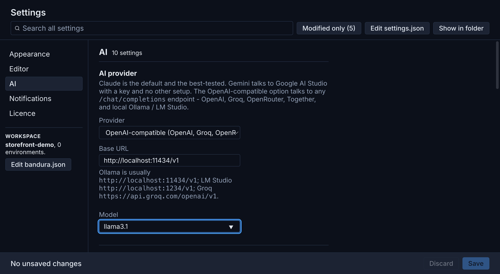 Bandura's Settings page on the AI category: provider set to OpenAI-compatible, Base URL http://localhost:11434/v1, Model llama3.1, and the suggested base URLs for Ollama, LM Studio and Groq listed between them