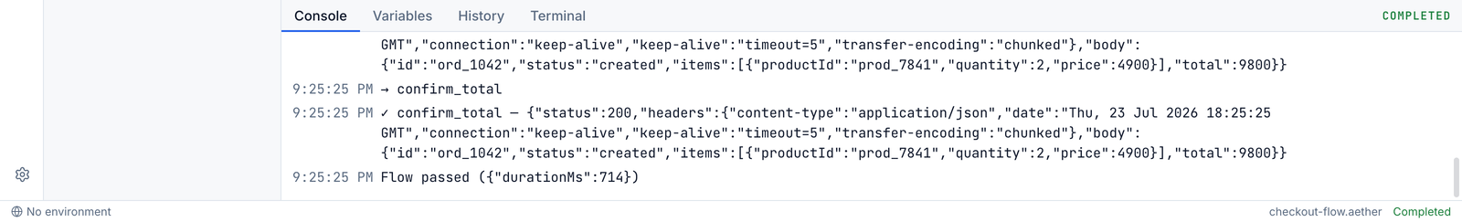 The variables inspector after a run: baseUrl, productId and quantity from the flow, env values from .env, and accessToken, unitPrice, orderId captured during the run