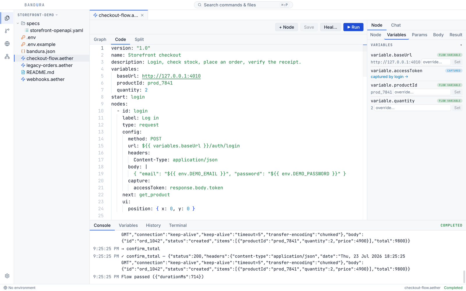The same checkout flow as YAML in the code editor, with the inspector still showing the selected node's resolved request