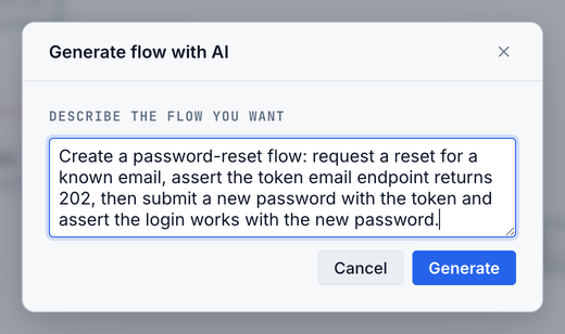 The Generate flow with AI modal, with a natural-language description of a password-reset flow filled in