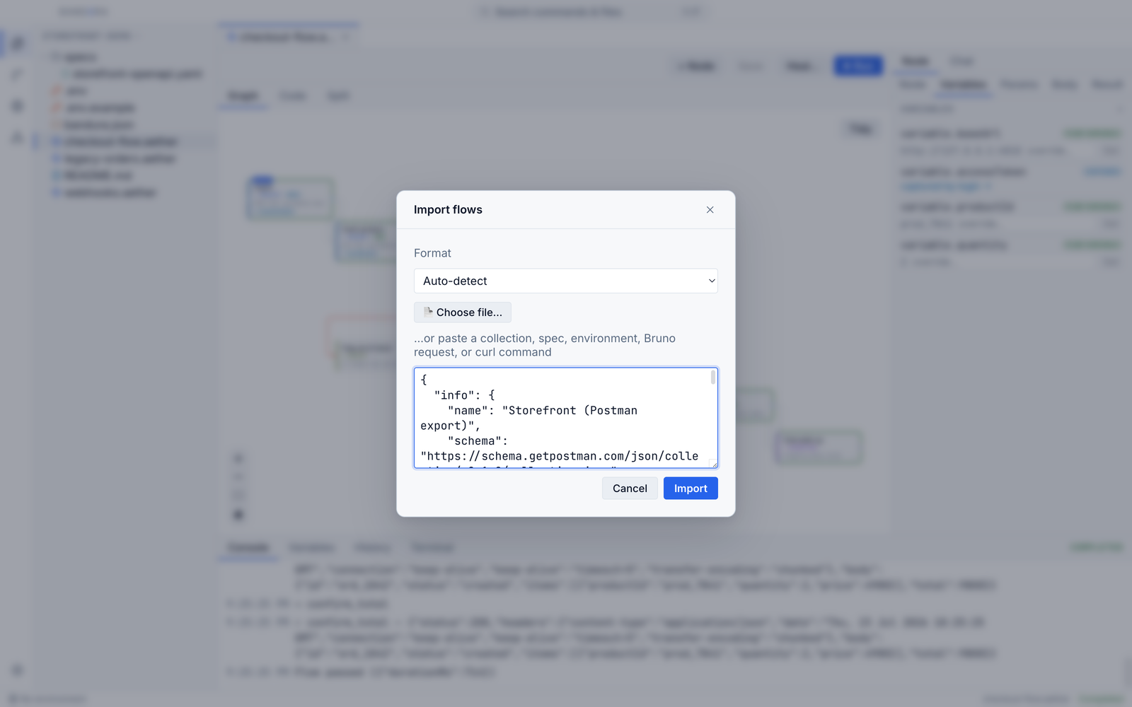 The Import flows modal with a pasted Postman collection auto-detected, ready to convert into .aether files