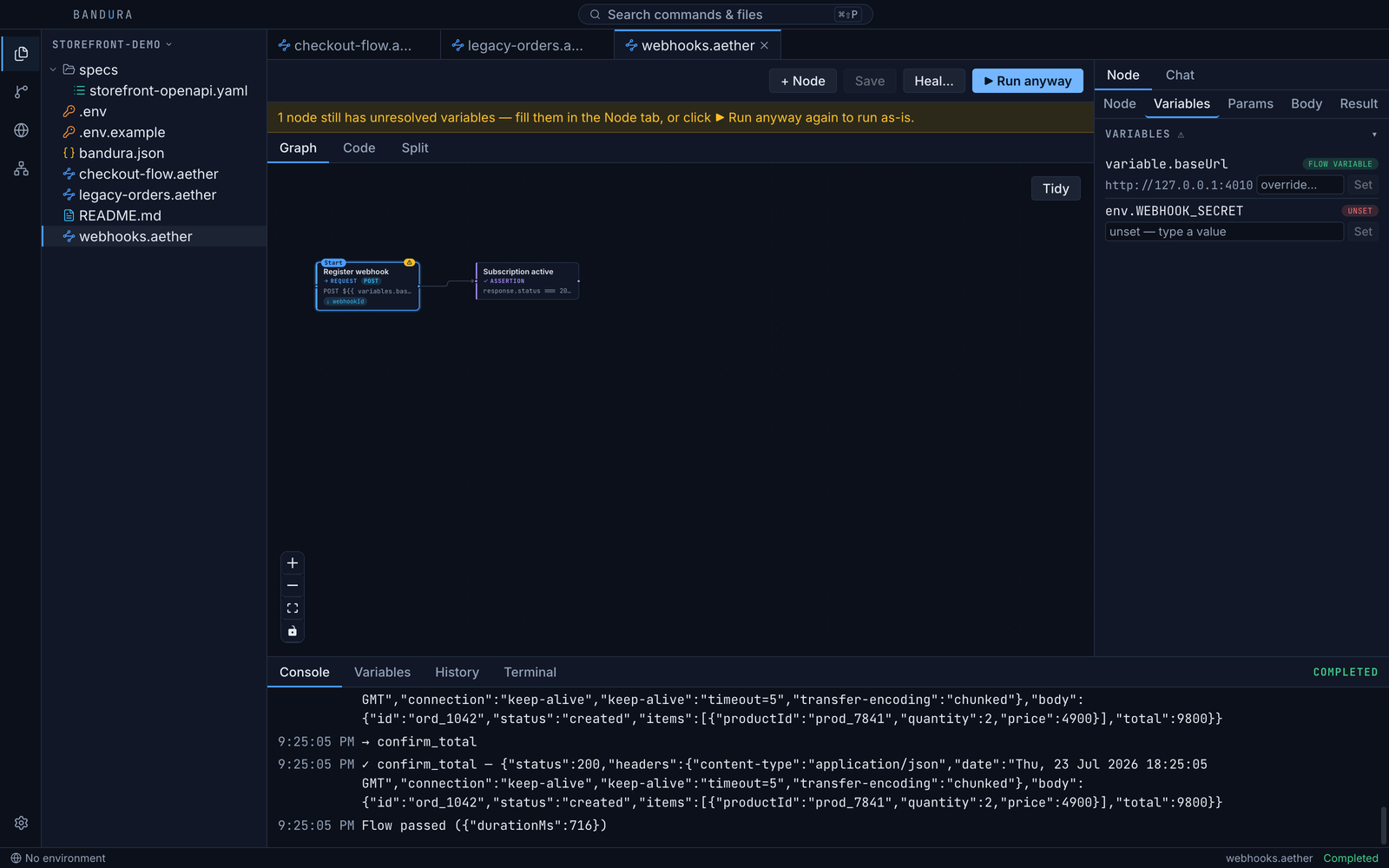 Opening a flow with an unset environment variable: the node carries a warning badge and a banner offers to fill the variable or run anyway
